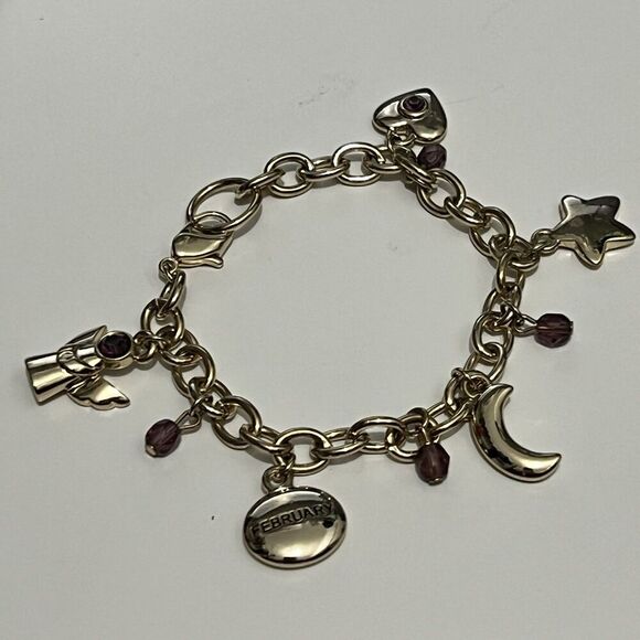 Birthstone Amethyst Charm Bracelet Angel Heart Moon Star Gold Chain - Picture 6 of 7